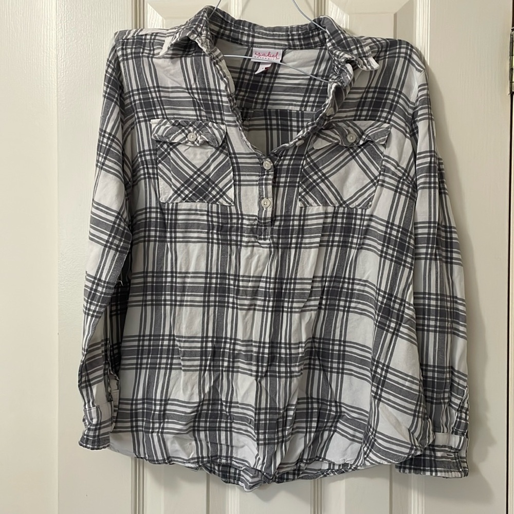 Maternity grey and white plaid shirt